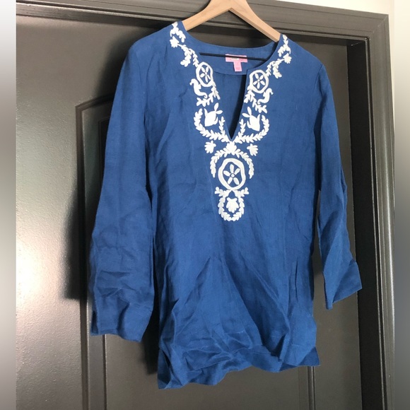 Lilly Pulitzer Tops - Lilly Pulitzer Amelia cobalt blue/royal blue & white 3/4 sleeve linen v neck top